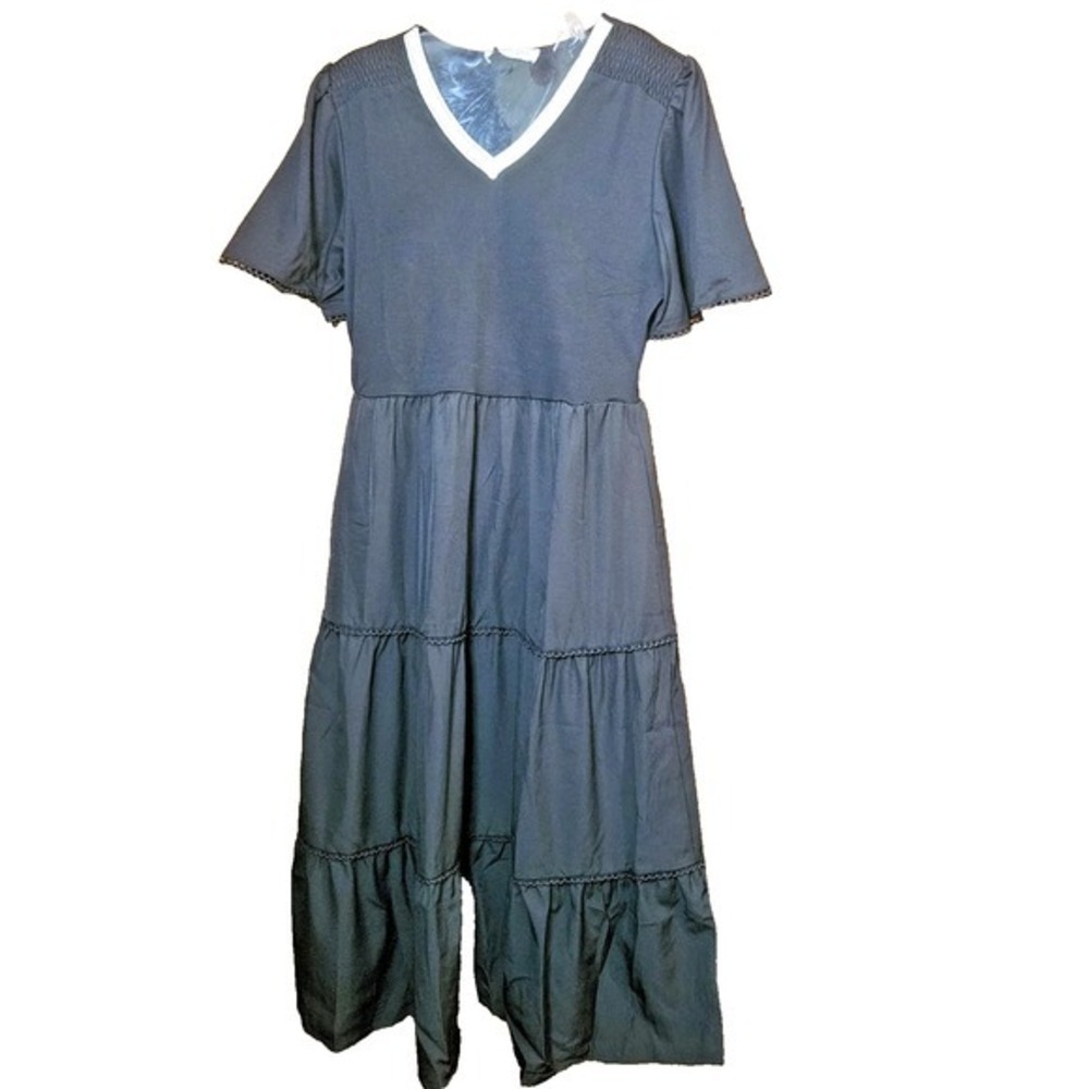 Kate Kasin Womens Black Tier Midi Dress VNeck Metallic Trim Smocked Summer M NEW